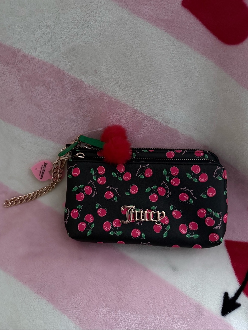 NWT Juicy Couture Cherry 🍒 Girl Double Zip Wallet Wristlet with Pom Charm